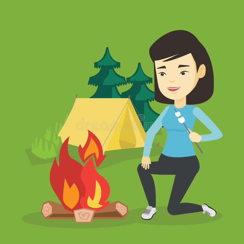 Woman Roasting Marshmallow Over Campfire. Stock Vector - Illustration ...