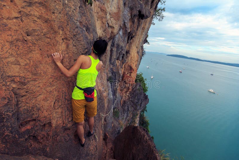 Woman Rock Climber Climbing at Seaside Cliff Stock Photo Image of