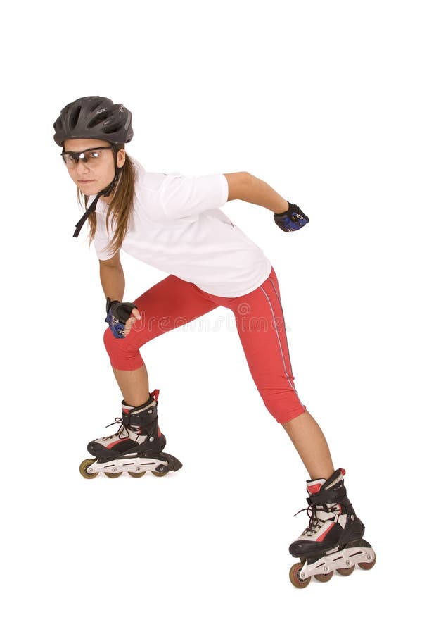 Attractive Woman in Roller Skates Posing on White Background Stock