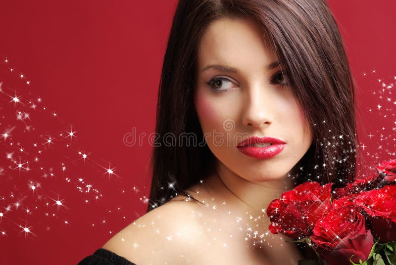 Woman with rose on red background