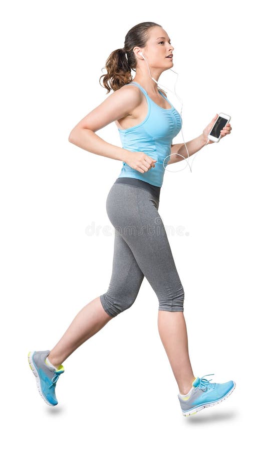Woman Running Jogging with Phone Earbuds Isolated on White Background