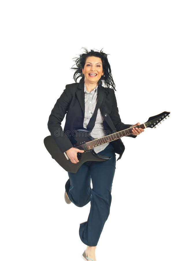 Excited business woman running and playing guitar isolated on white background