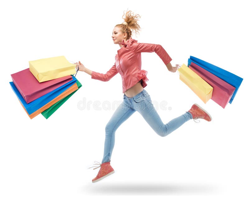 Woman running with shopping bags stock images Woman running with shopping bags stock images
