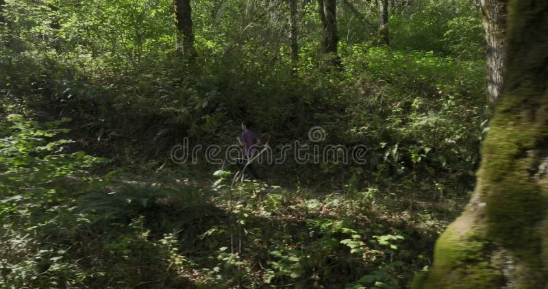 Woman is Running in the Sunny Forest wearing Purple T-shirt and Black Leggins Enjoying Sports