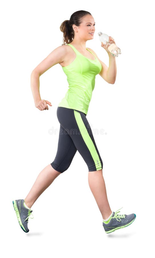 Woman Running with Water Bottle Isolated on White Background
