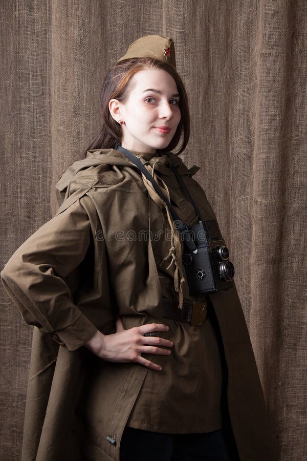 Woman In Russian Military Uniform With Camera Female War