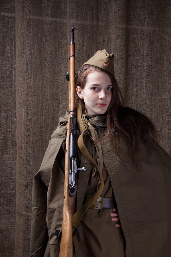 Woman in Russian Military Uniform with Rifle. Female Soldier during the ...