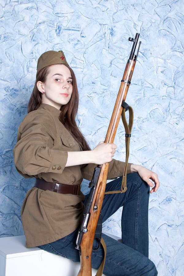 Woman In Russian Military Uniform With Rifle Female