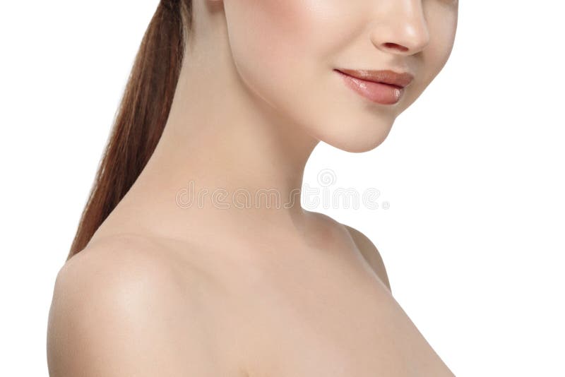Woman s beautiful part of the face nose lips chin and shoulders, healthy skin and her on a back close up portrait studio on white