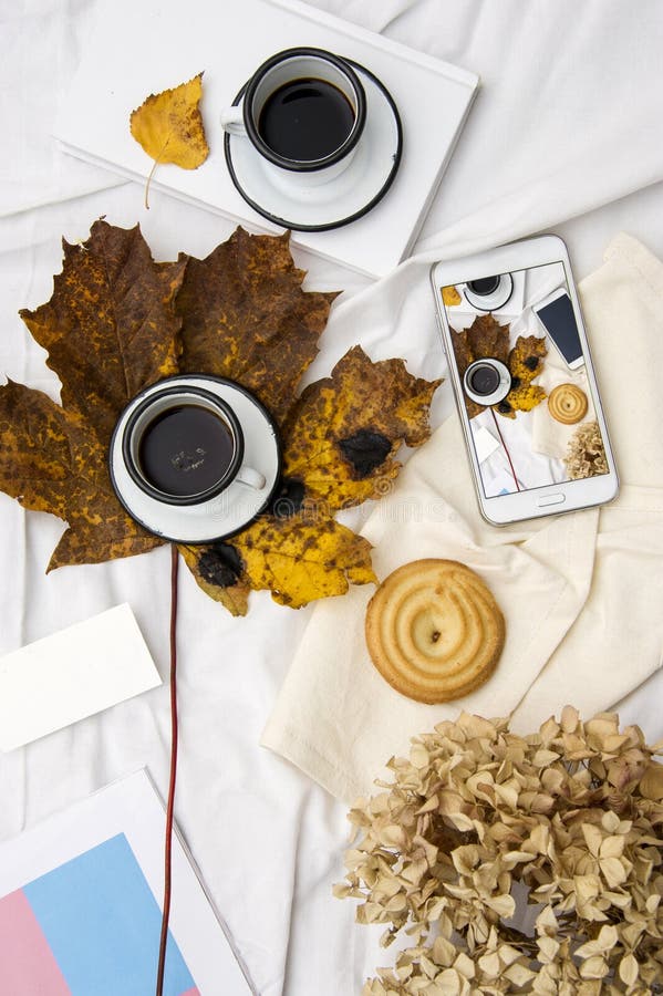 Woman`s bed top view on a lazy sunday morning in cold weather . Lifestyle with mobile phone, book, cakes