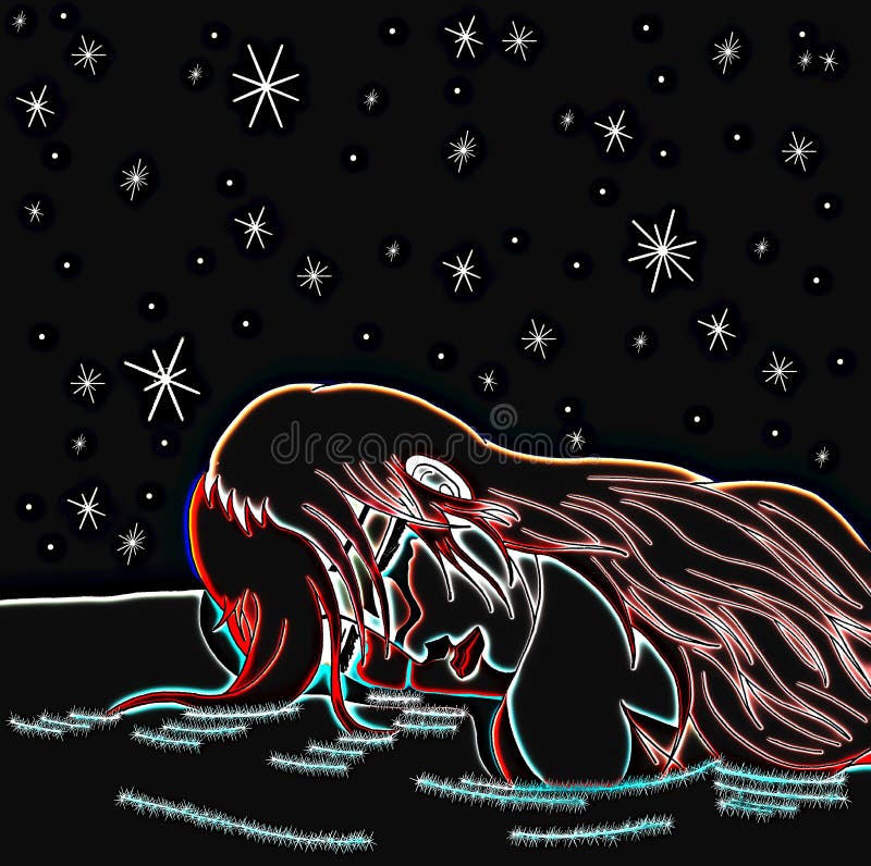 Sad woman crying on a starry night, art, illustration