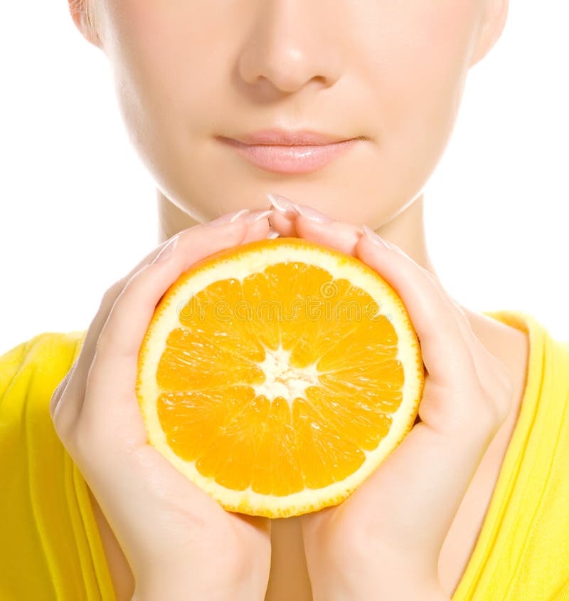 Woman's face with juicy orange