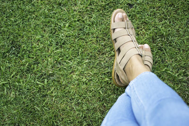 Woman`s Feet in Cream Sandals on Grass Stock Image - Image of foot ...