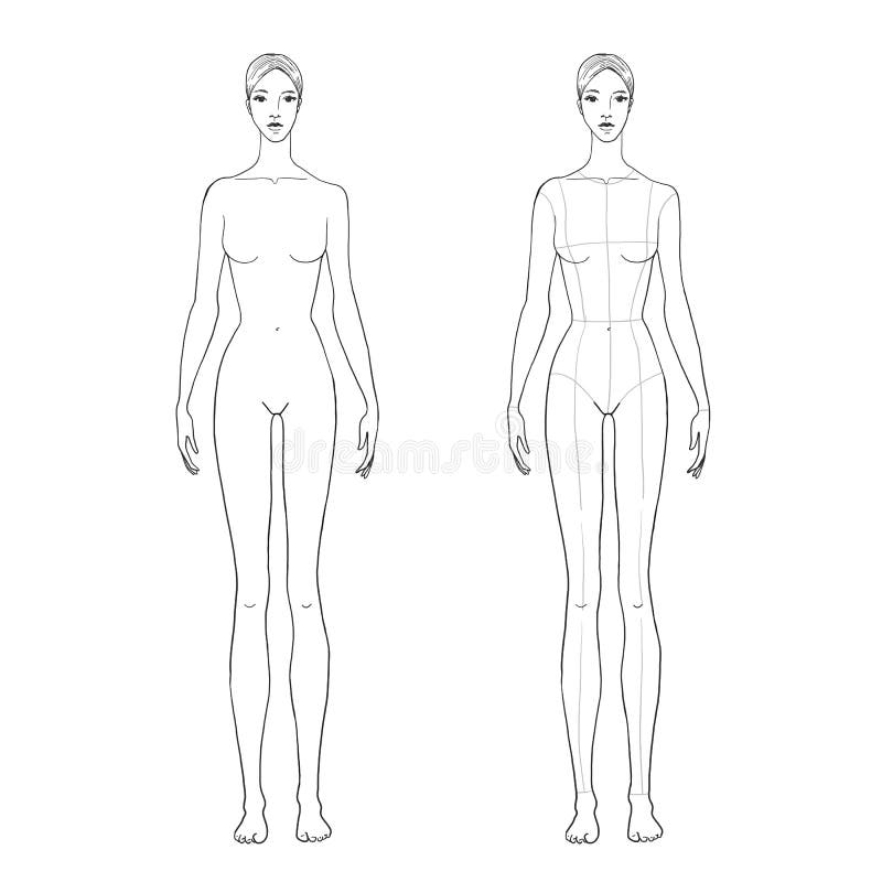 Woman`s figure sketch for technical drawing with main lines. Vector outline girl model template for fashion sketching.
