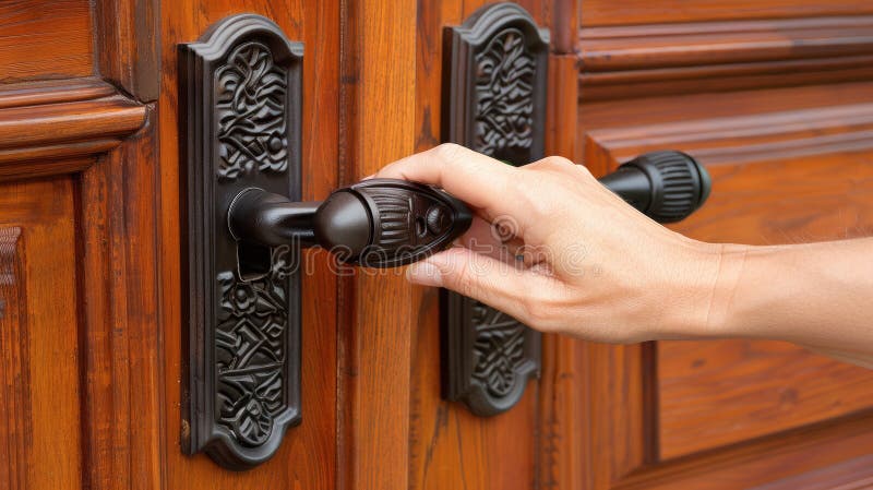 A woman& x27;s hand operating a digital device to unlock a door featuring a black touchpad lock, emphasizing the vector illustration