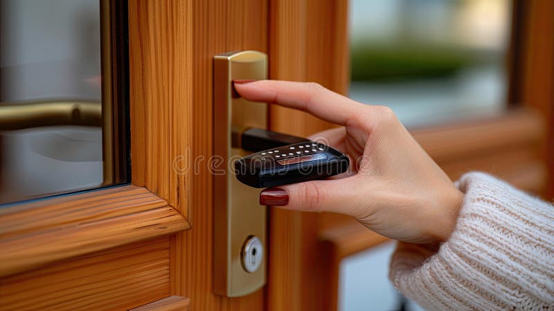A woman& x27;s hand operating a digital device to unlock a door featuring a black touchpad lock, emphasizing the royalty free illustration
