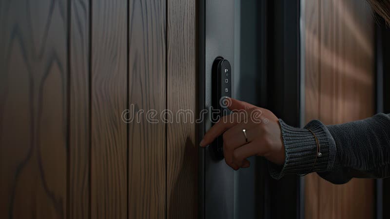 A woman& x27;s hand operating a digital device to unlock a door featuring a black touchpad lock, emphasizing the vector illustration