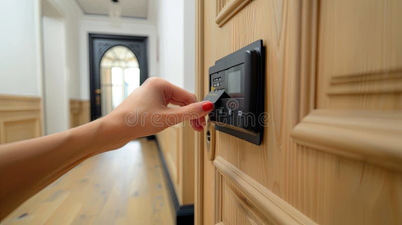 A woman& x27;s hand operating a digital device to unlock a door featuring a black touchpad lock, emphasizing the stock illustration