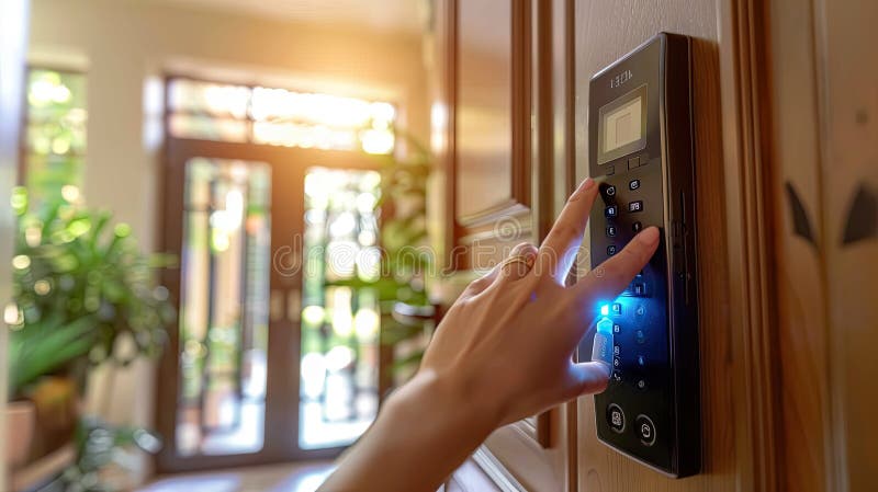A woman& x27;s hand operating a digital device to unlock a door featuring a black touchpad lock, emphasizing the royalty free illustration