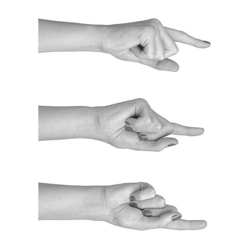 Woman s hand pointing with index finger, isolated on white background. Forefinger extended in stock photo