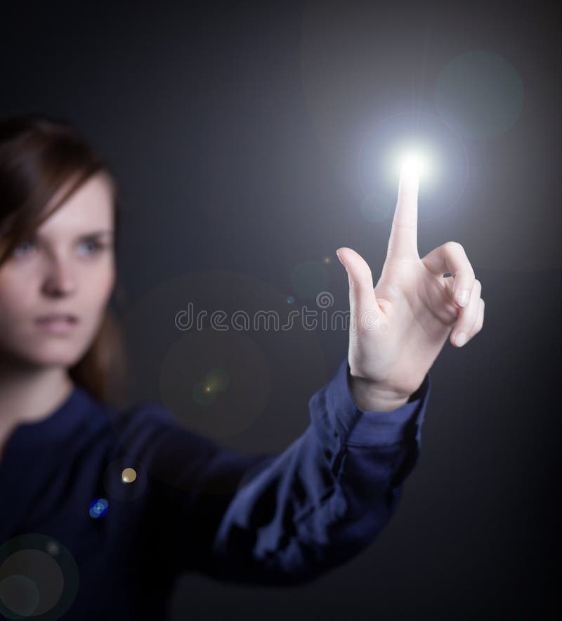 Woman's hand pushing the button, virtual touch screen royalty free stock photography Woman's hand pushing the button, virtual touch screen royalty free stock photography