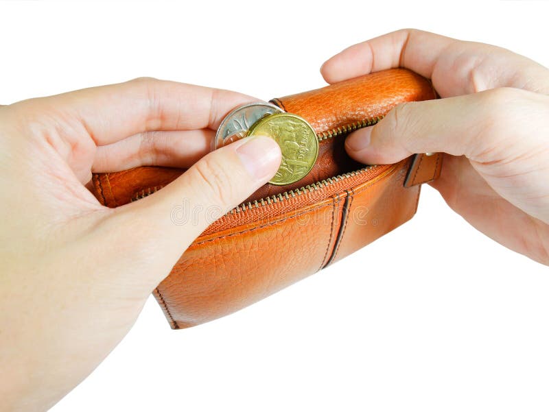 Woman`s hand taking australian coins from wallet with clipping royalty free stock images Woman`s hand taking australian coins from wallet with clipping royalty free stock images