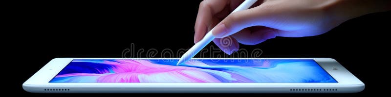 Woman s Hand Using a Digital Pen on an Electronic Tablet With Vibrant Abstract Painting on Screen stock illustration