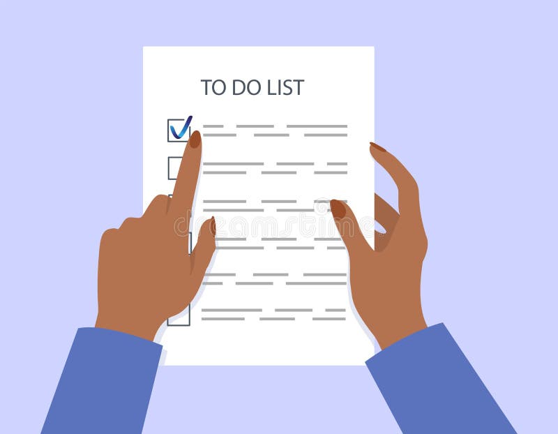 Woman`s hands holding a to-do list. Task completed. vector illustration