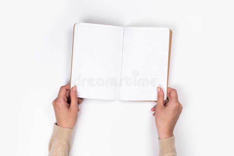 Hand Opening White Journal with Blank Pages Mockup. Stock Image