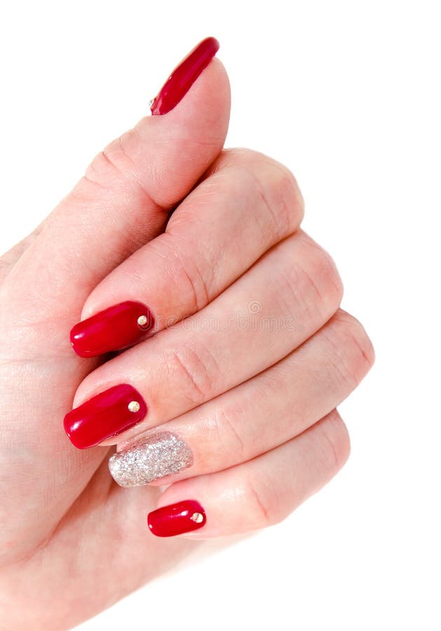Woman`s Nails with Beautiful Red Manicure Fashion Design with Gems ...