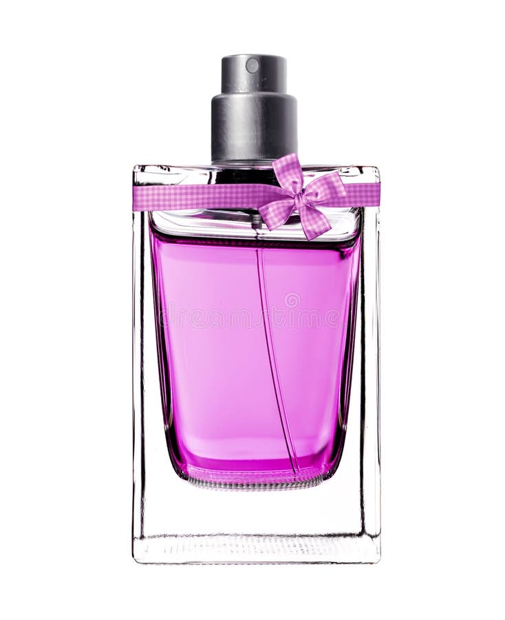 Woman Perfume in Beautiful Bottle and Lavender Flowers Stock Photo