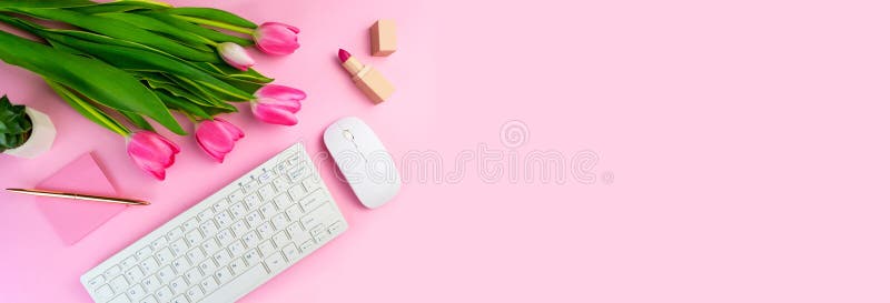 Woman`s Work Place on Pink Background Flat Lay. Home Office Above ...