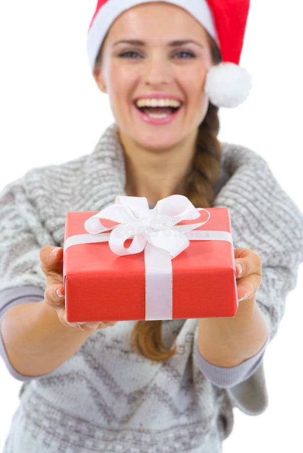 Woman in Santa Hat Presenting Christmas Gift Box Stock Image Image of