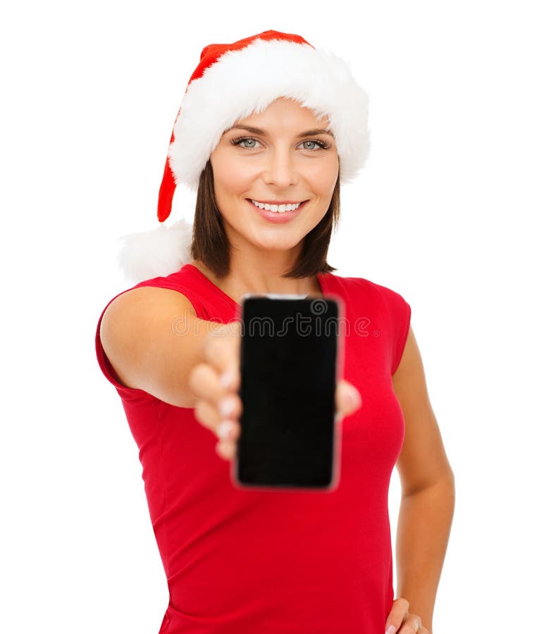 Woman in santa helper hat with smartphone