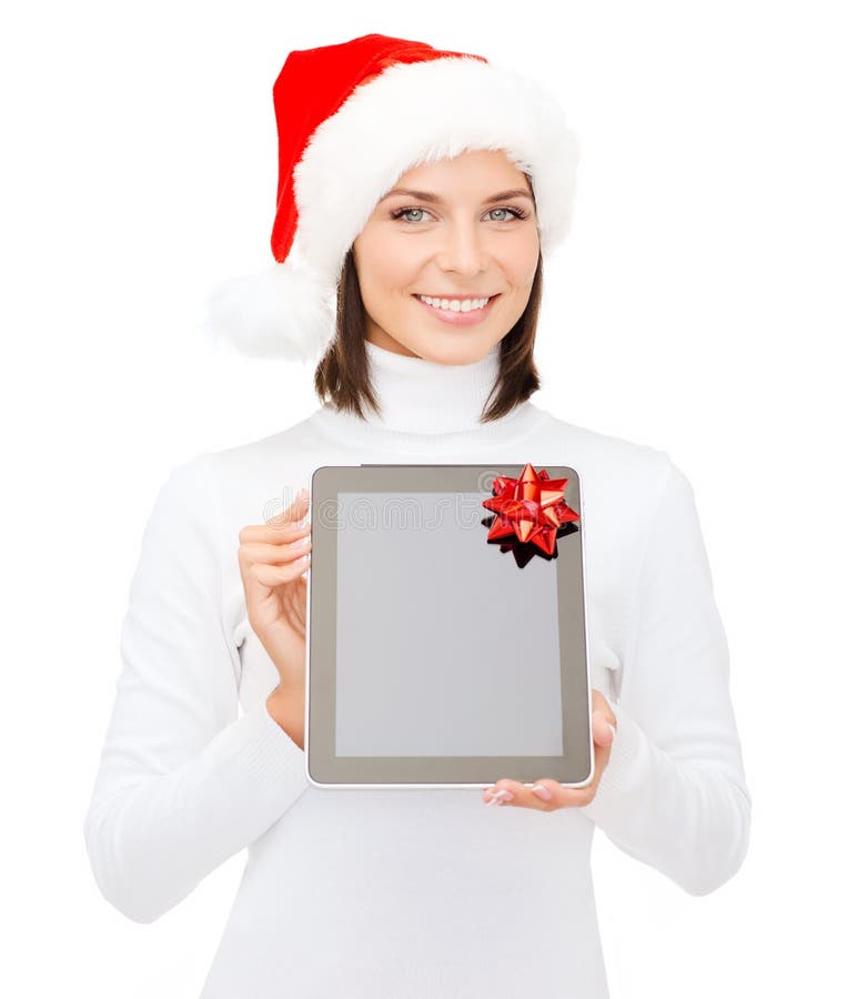 Woman in santa helper hat with tablet pc