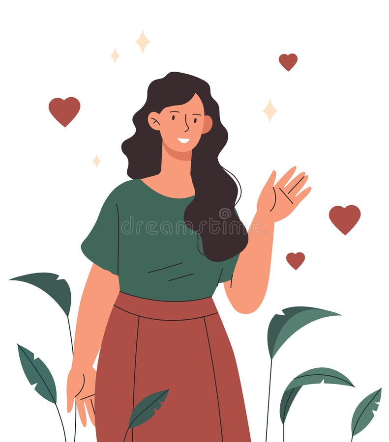 Woman say hello. Young girl waves her hand against background of foliage and plants. Affable and friendly character. Design for greeting cards with green leaves. Cartoon flat vector illustration