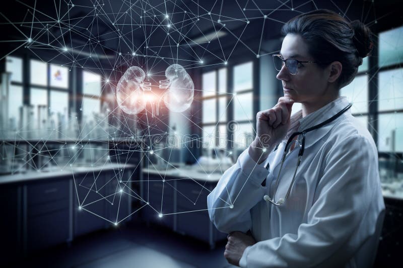 A woman scientist examines the kidneys in a network of connections stock photo