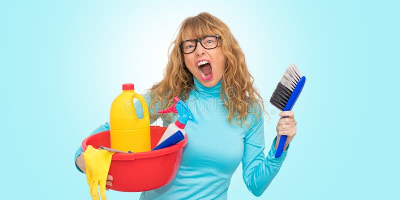 Woman Screaming with Cleaning Stock Photo - Image of home, products ...