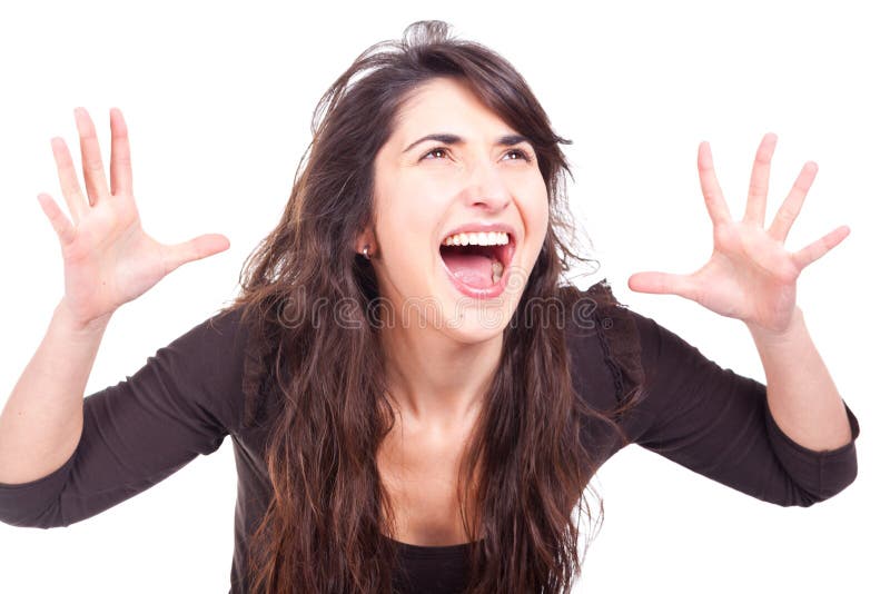 Woman screaming with open arms