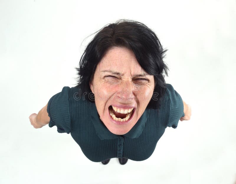 Woman  screaming on white background.