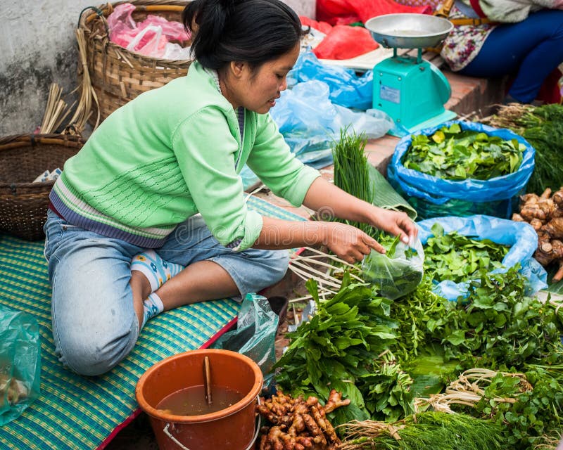 Woman selling traditional asian style food at street. Luang Prabang, Laos