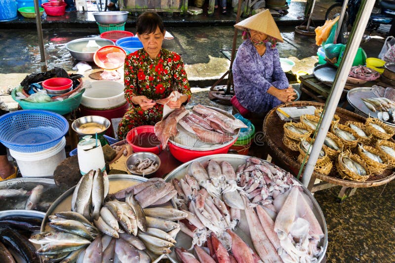 Woman sells fish and seafood on street market in My Tho, Vietnam royalty free stock image Woman sells fish and seafood on street market in My Tho, Vietnam royalty free stock image