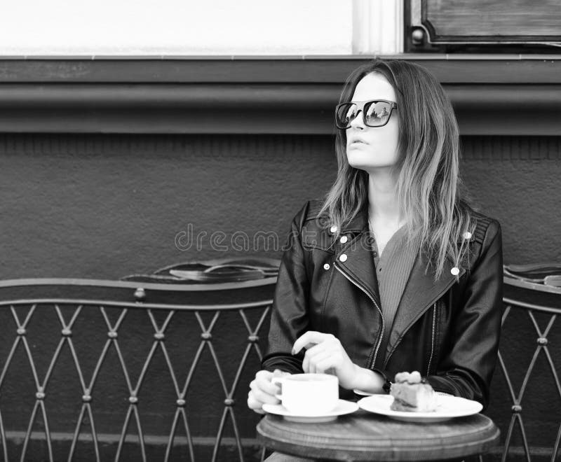 Woman with Serious Face Spends Time in Cafe Stock Photo - Image of ...