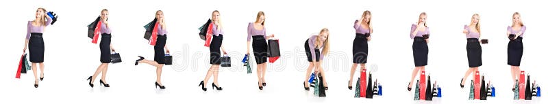 Woman shopper with bags different poses isolated