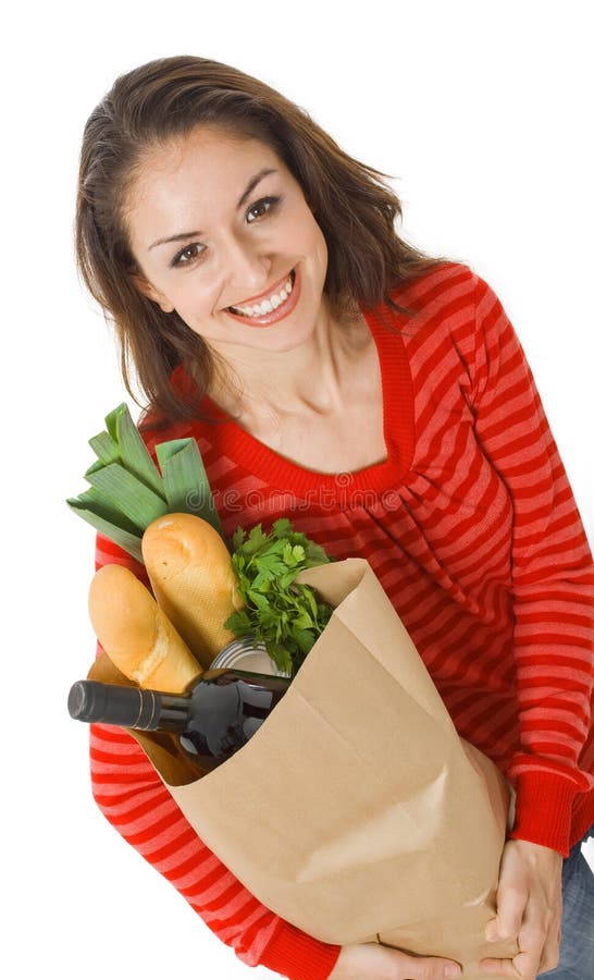 Closeup of smiling woman holding grocery bag. Closeup of smiling woman holding grocery bag