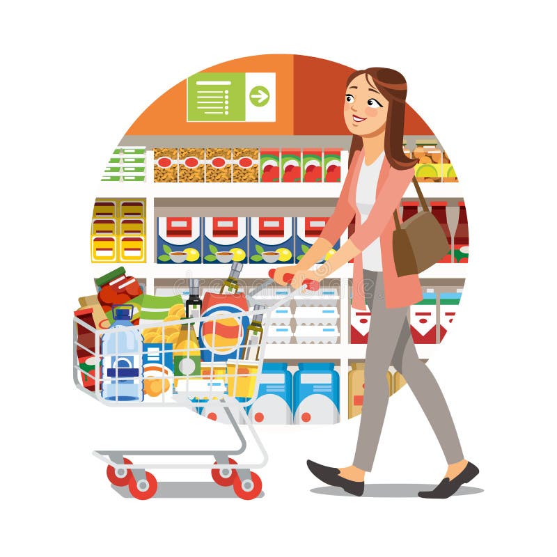 Woman Shopping in Grocery Shop Cartoon Vector Icon Stock Vector