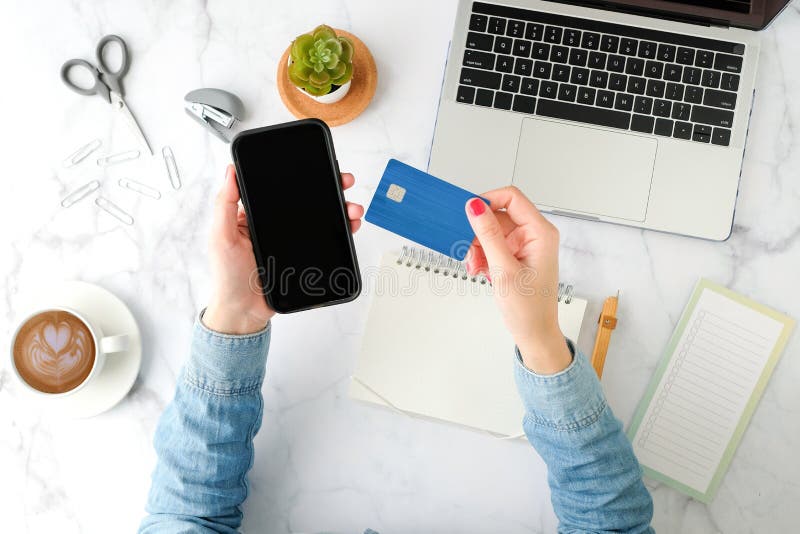 Woman Shopping Online On The Mobile Phone Application With The Red Credit Card. Flat Lay And ...