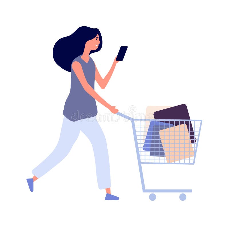 Woman shopping. Sale season, isolated flat style girl with cart. Female shopper bying food or clothing in store vector