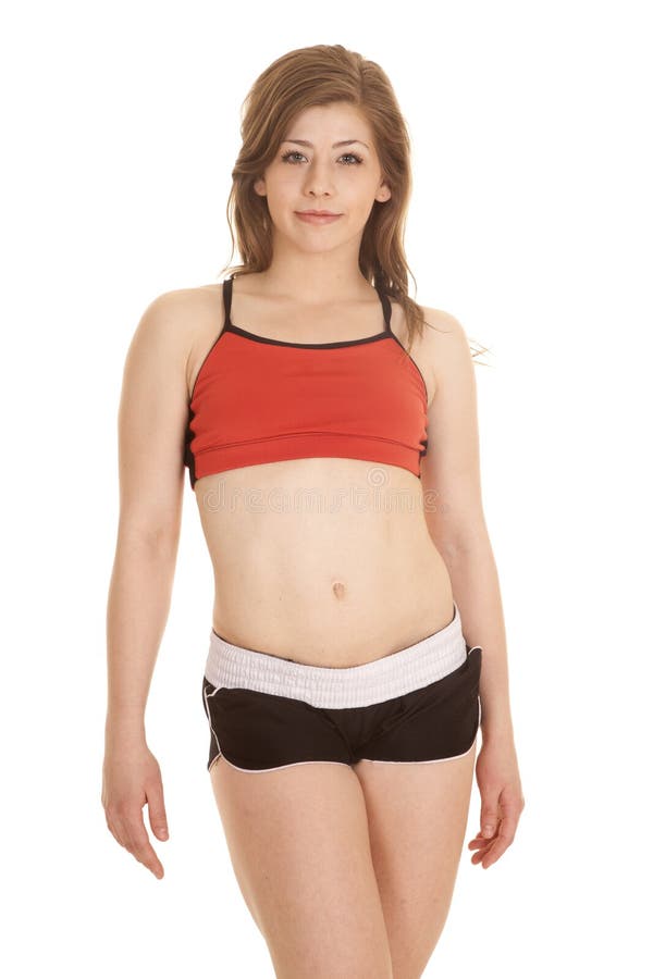 https://thumbs.dreamstime.com/b/woman-shorts-red-sports-bra-stand-her-fitness-clothing-posing-small-smile-her-face-38196488.jpg