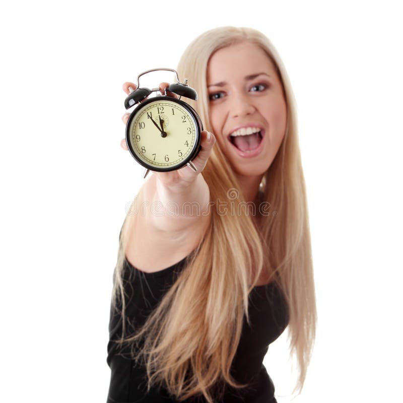 Woman showing alarm clock stock photo. Image of attractive 16627056